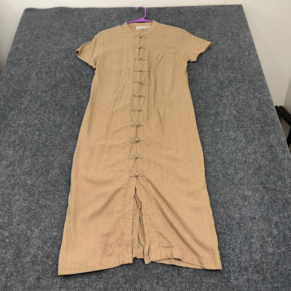 Vintage Freeport Studio Dress Womens 12P Tan Linen Blend Frog Button Boho Style